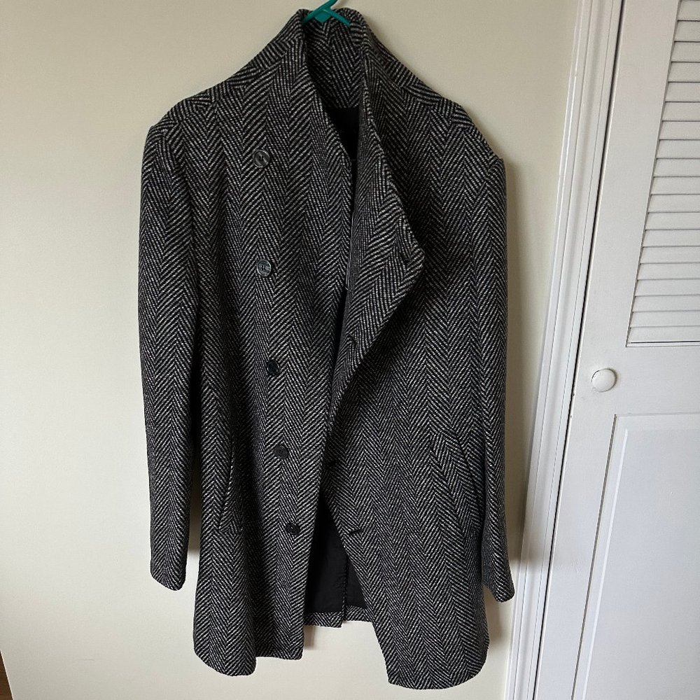 Asymmetrical Funnel Neck Coat in Herringbone